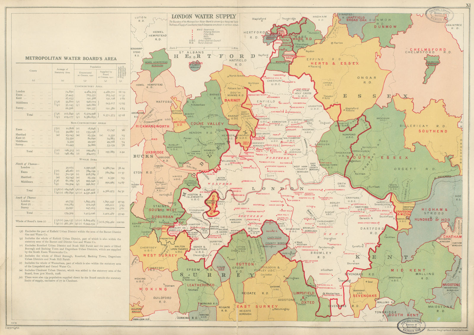 LONDON WATER SUPPLY. Metropolitan Water Board. Pumping Stns Reservoirs 1934 map